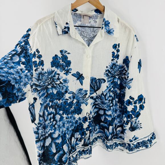 H&M Blue Floral Linen Popover Blouse White Long Sleeve Button Down Size M - Picture 9 of 10